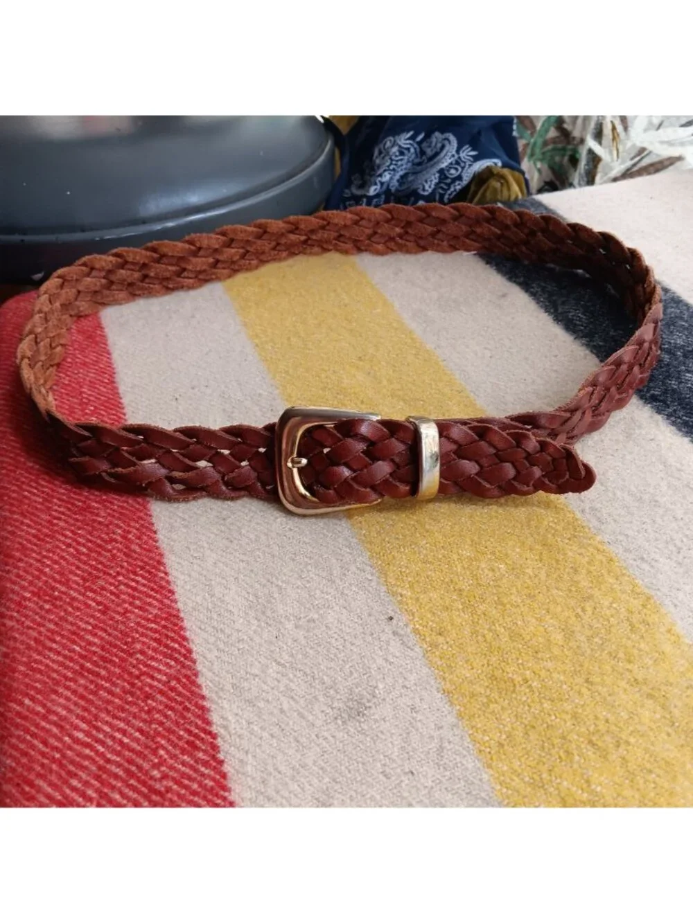 Vntage Boho 34W Braided Full Grain Leather Belt Argentina Brown Brass Buckle